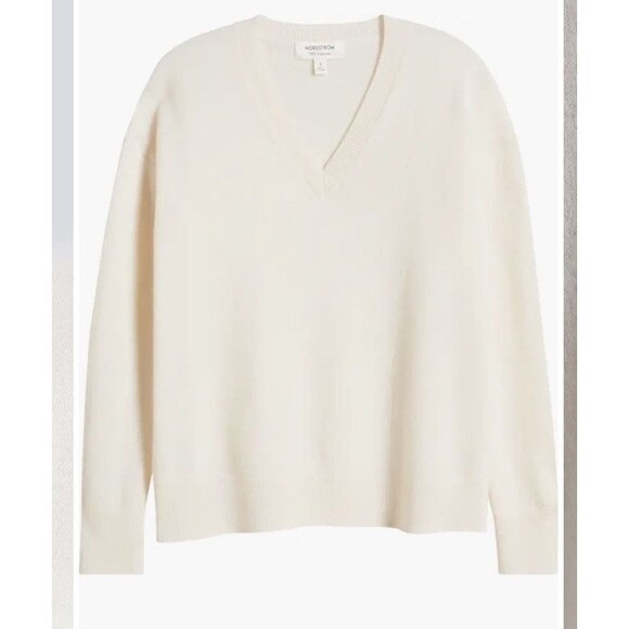 NWT Nordstrom Cashmere  V-Neck Sweater Large Ivory Light weight Summer - Picture 2 of 11